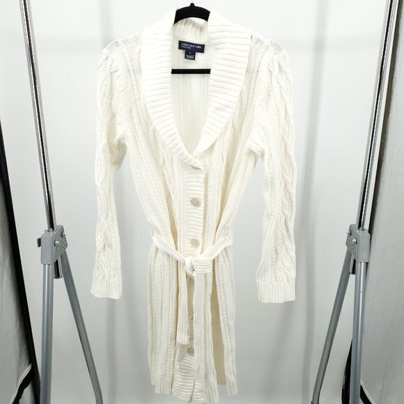 Jones New York Cotton-Blend Belted Long Line Cable Knit Sweater L White/Cream - Picture 1 of 16